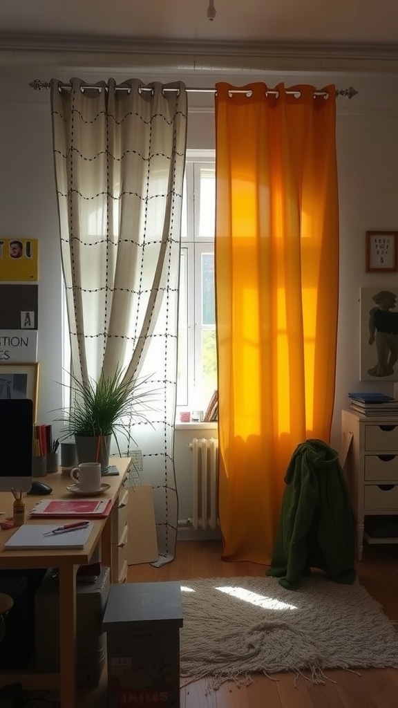 Two different curtains in a living room setting: a sheer patterned curtain on one side and a bold orange curtain on the other.