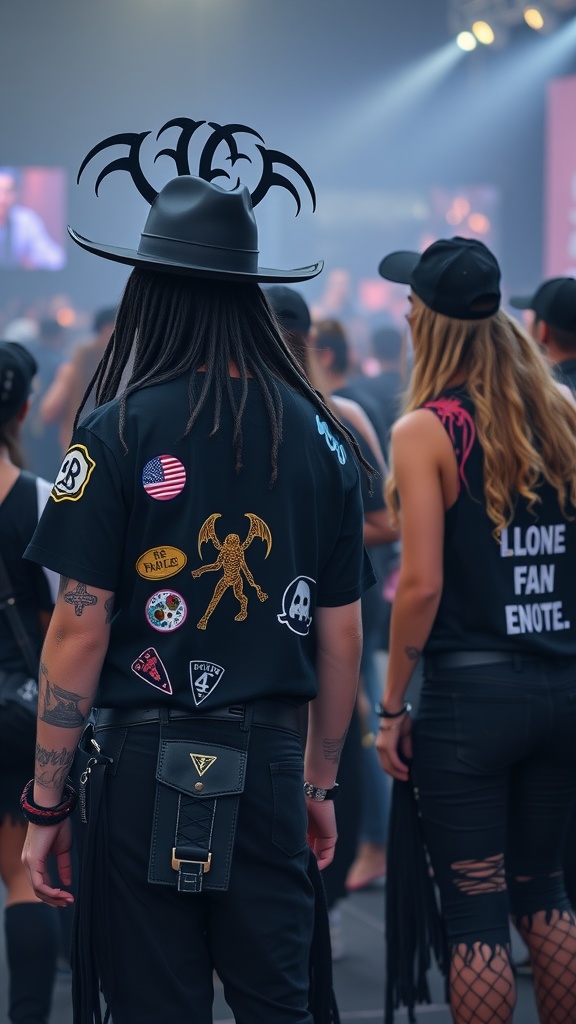 Two individuals in black rave outfits, one wearing a unique hat with patches and the other in stylish casual attire.