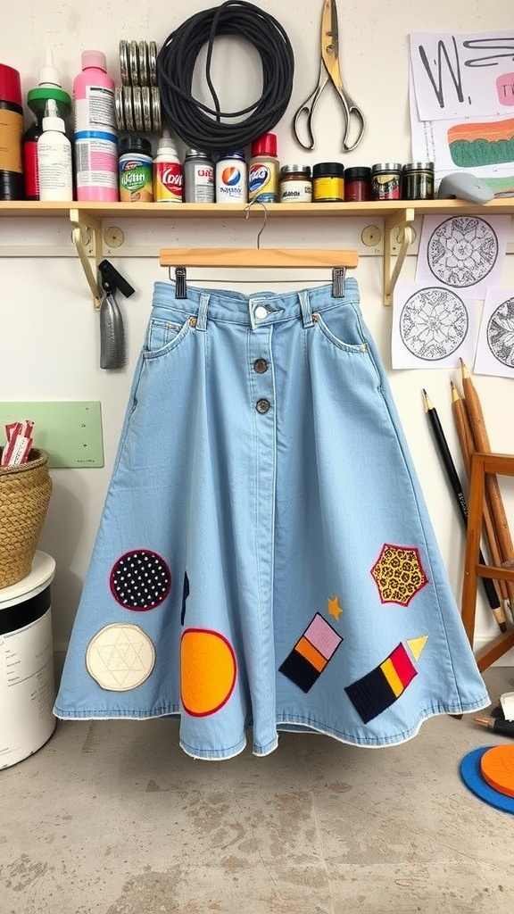 A denim A-line skirt with colorful patches hanging against a craft backdrop.