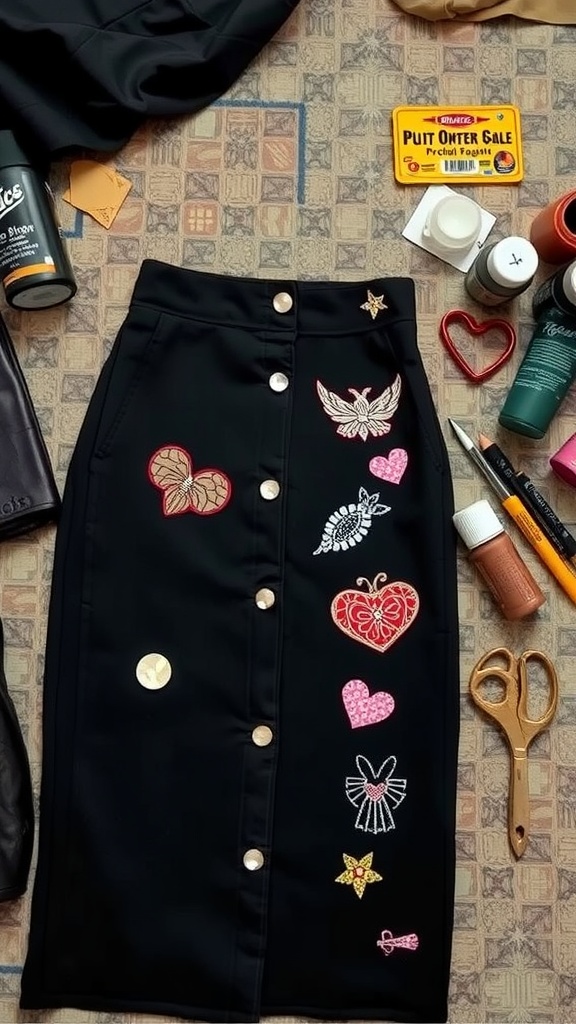 A black pencil skirt with colorful patches and embellishments, surrounded by crafting supplies.