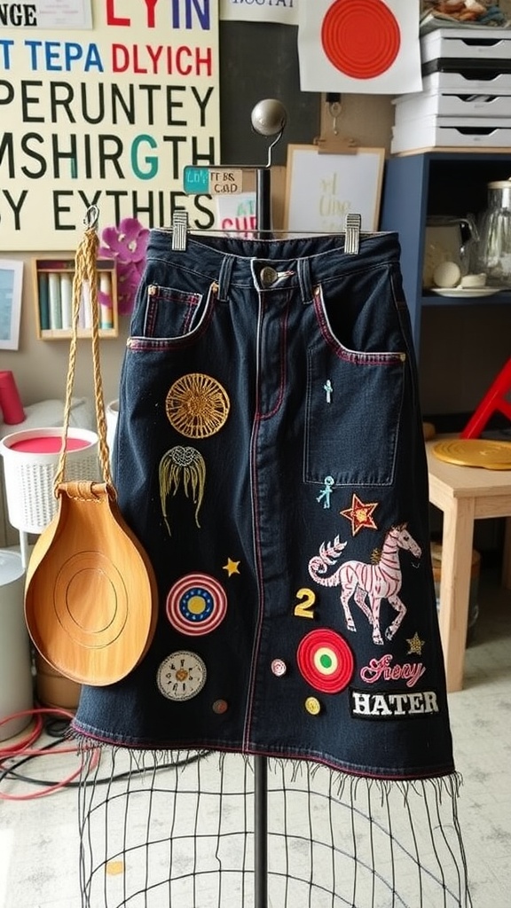 A black denim skirt decorated with colorful patches and embroidery on a display stand.