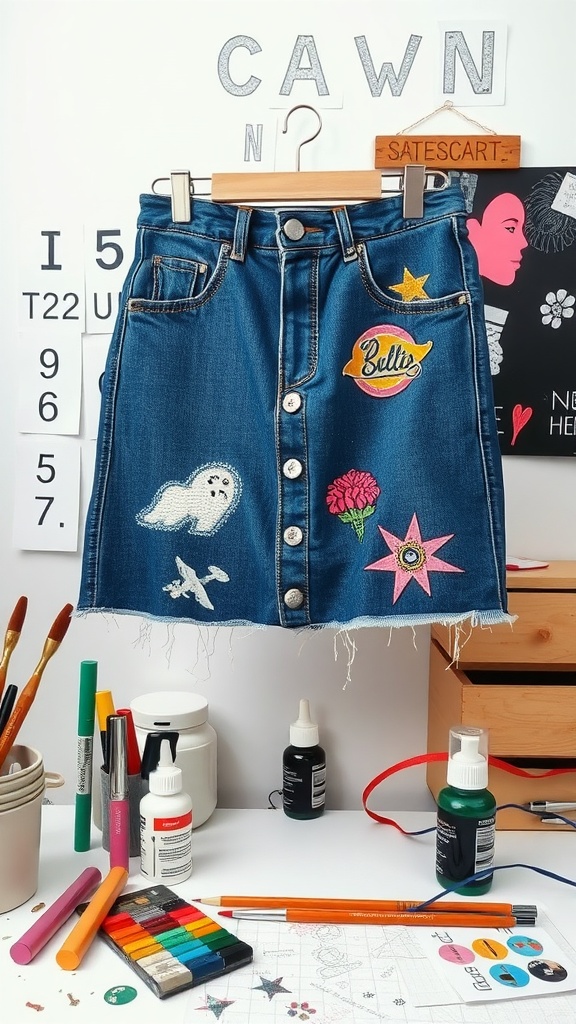 A denim mini skirt with colorful patches and surrounded by art supplies.