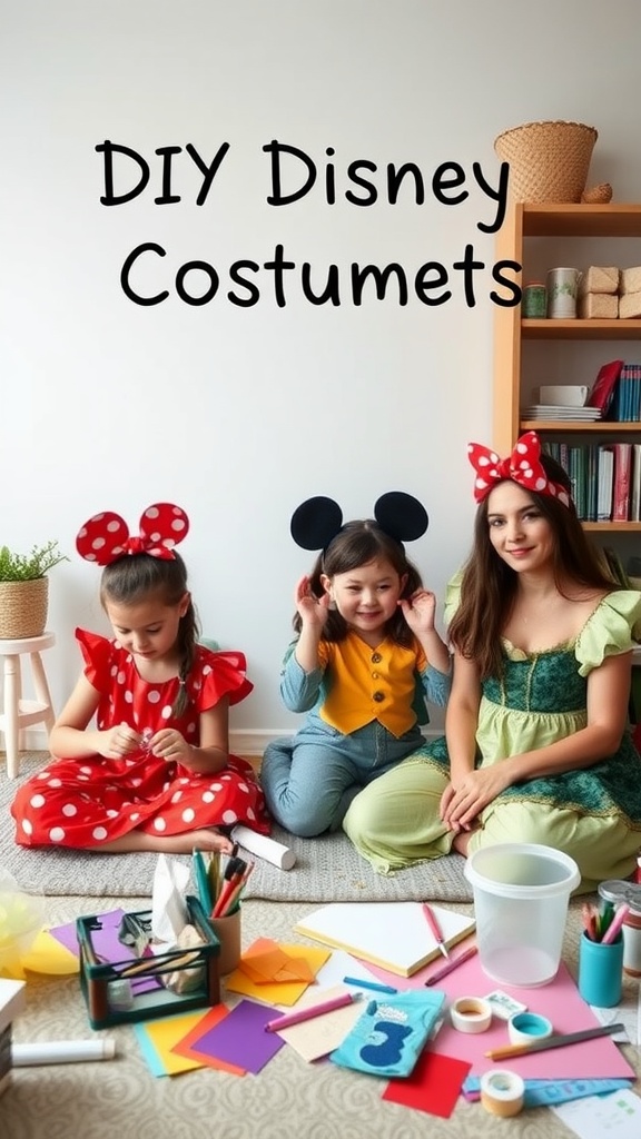 A family creating DIY Disney costumes together with colorful materials and cheerful designs.