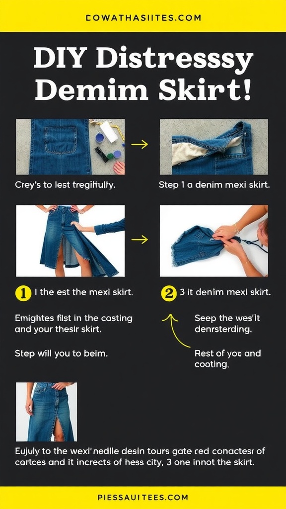 Step-by-step guide for DIY distressing a denim maxi skirt.