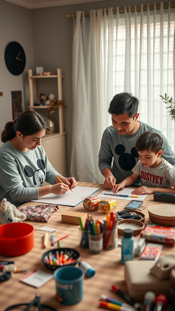 A family creating DIY Disney outfits at a table filled with craft supplies.