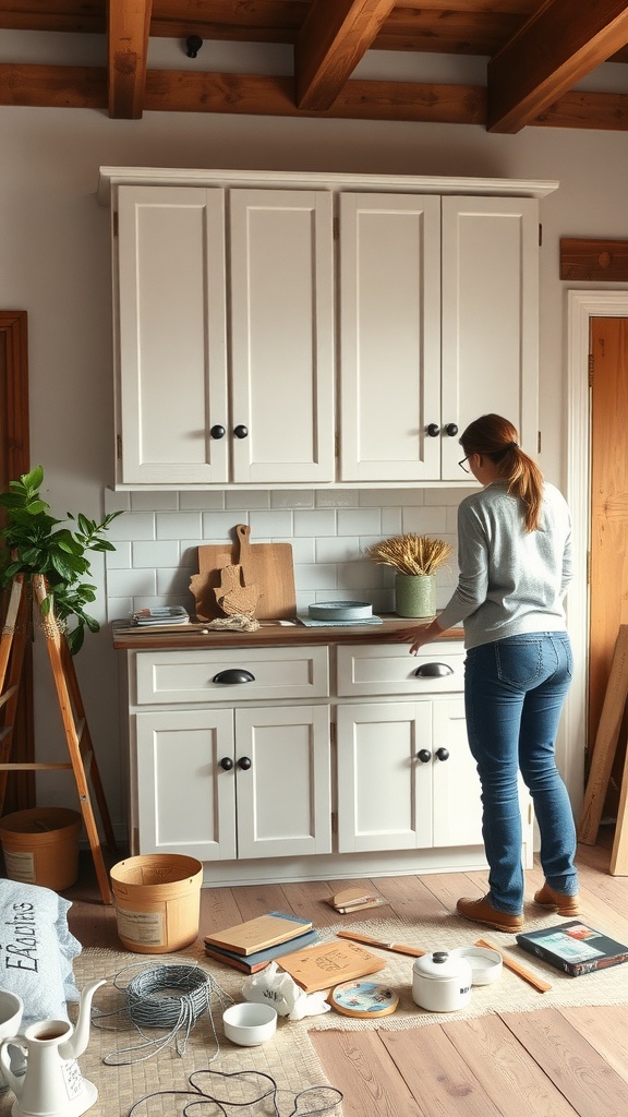 A person working on a DIY project in a farmhouse kitchen with white cabinets and wooden accents.