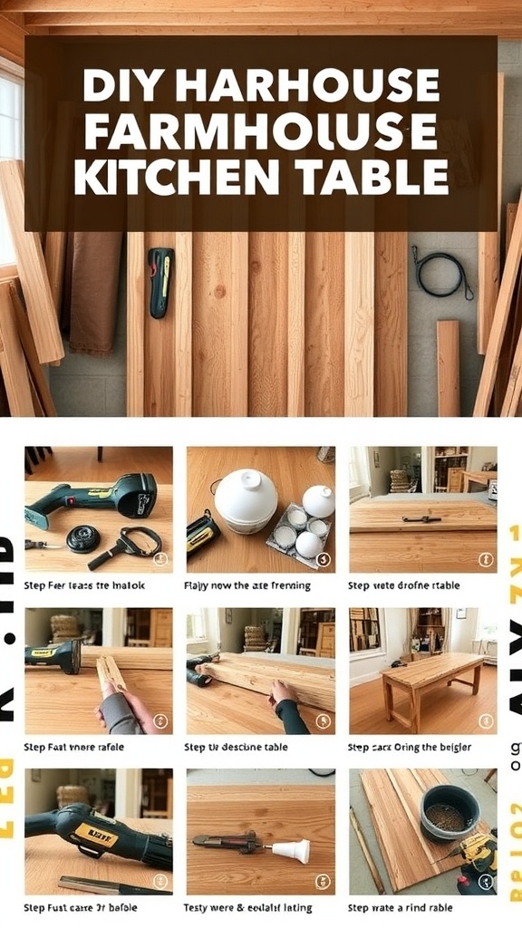 A step-by-step guide to building a farmhouse kitchen table, showing materials and tools.