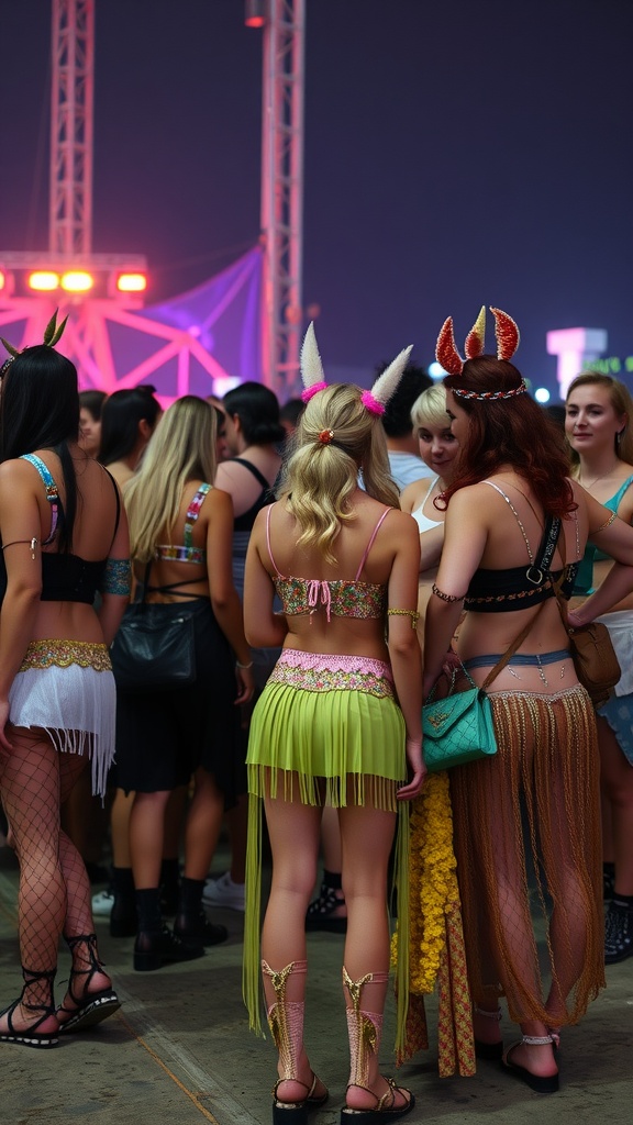 Group of friends in vibrant festival outfits with playful accessories.