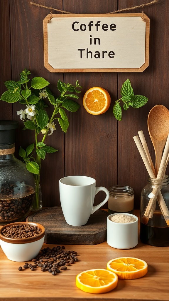 A cozy coffee bar setup with coffee beans, herbs, citrus, and a white mug.