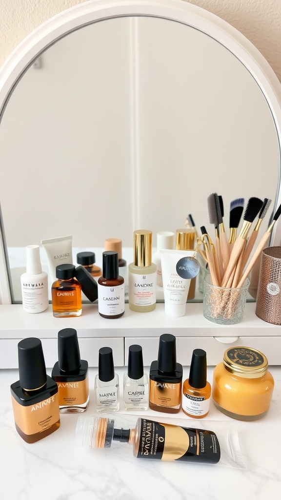 A variety of nail care products arranged on a vanity, perfect for DIY gold almond nails.