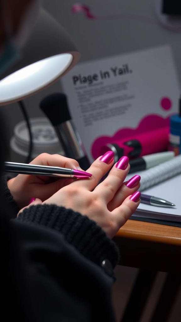 Person applying chrome powder to hot pink nails