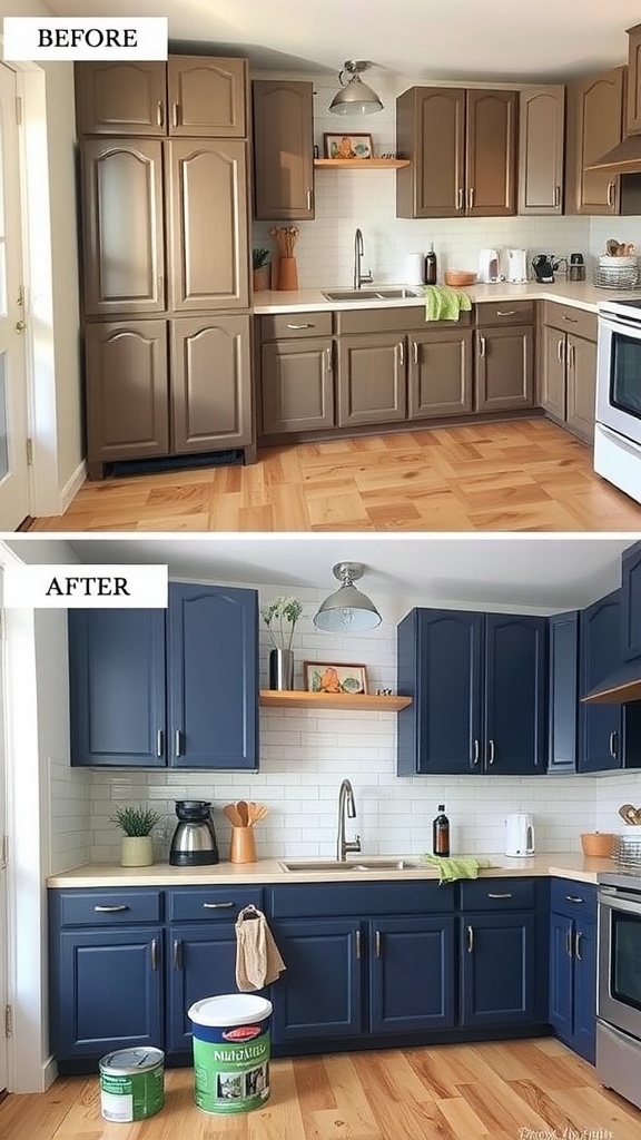 Before and after comparison of a kitchen with navy blue cabinets