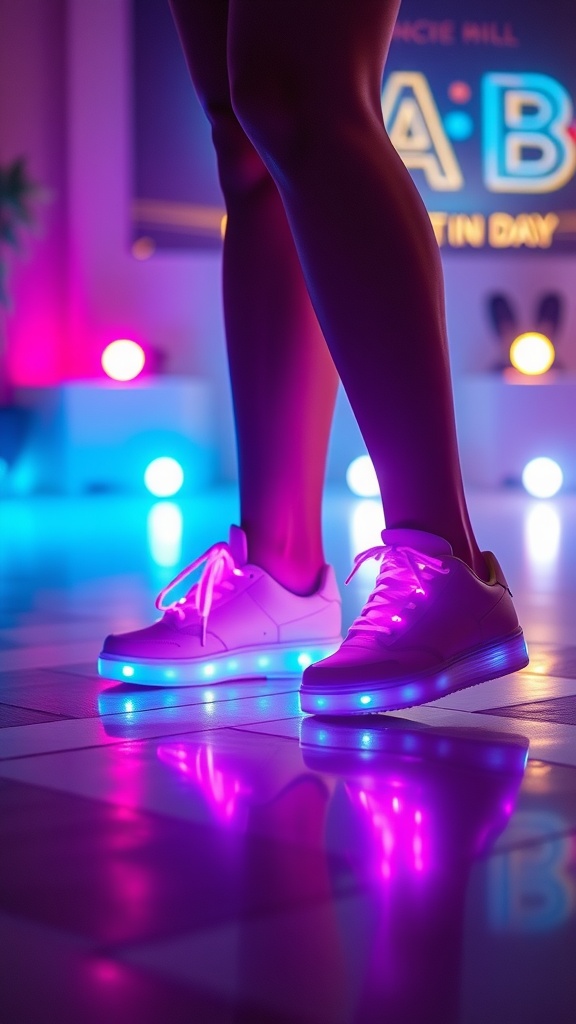 A pair of LED light up shoes glowing in vibrant colors on a dance floor.