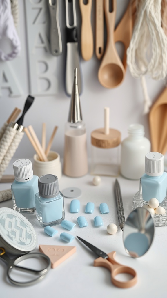 An assortment of nail polish, tools, and materials for creating light blue almond nails.
