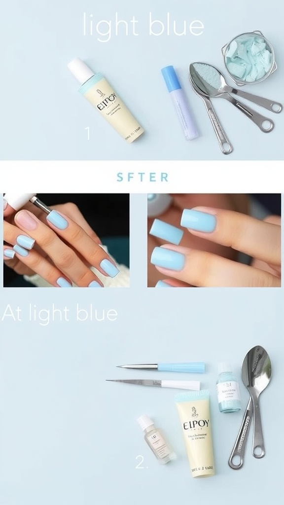 A collection of items for a DIY light blue square nail tutorial, including nail polish, tools, and a visual transformation of nails.