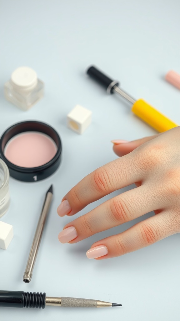 A hand with short light pink chrome nails surrounded by nail care products