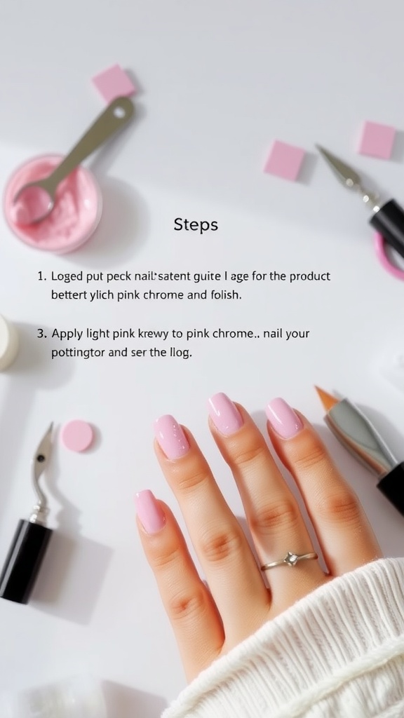 A hand with light pink chrome almond nails, surrounded by nail art supplies