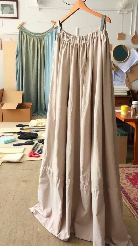 A beige maxi skirt hanging on a wooden hanger with crafting supplies in a cozy workshop setting.