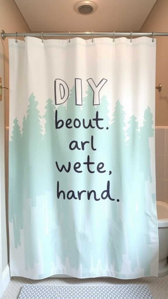 DIY painted shower curtain with trees and playful lettering.