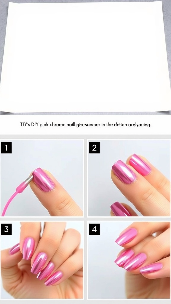 A step-by-step guide showing the process of creating DIY pink chrome nails.