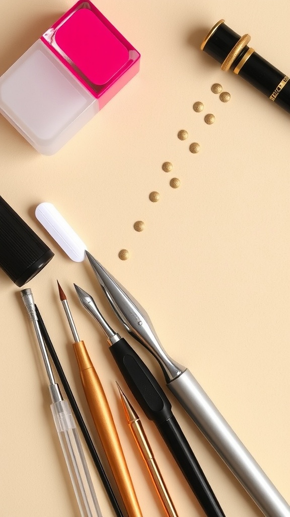 A collection of nail art tools including pink nail polish, dotting tools, and a palette on a beige background.