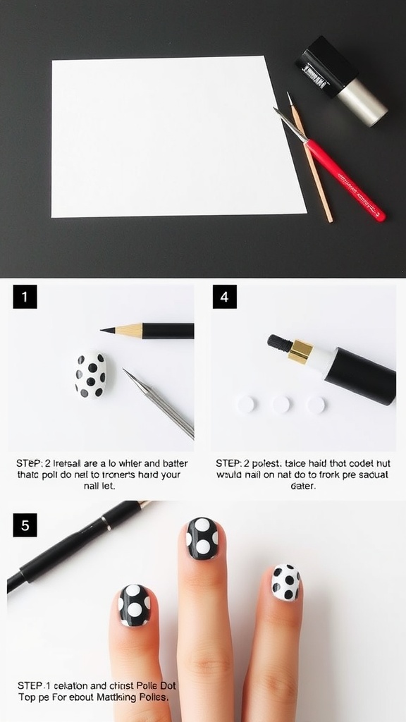 A tutorial showing the steps to create black and white polka dot nails.