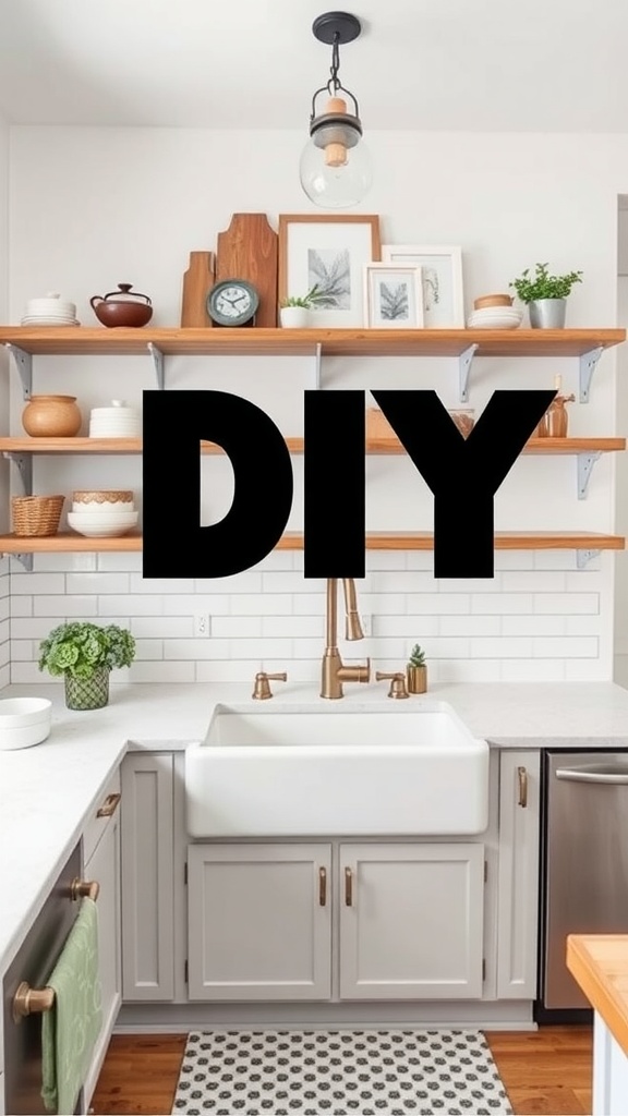 A bright farmhouse kitchen featuring a white farmhouse sink, wooden shelves, and a simple light fixture.
