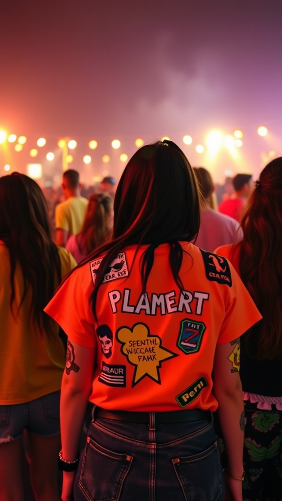 A crowd at a rave with a focus on a person wearing a bright orange shirt covered in patches and stickers.