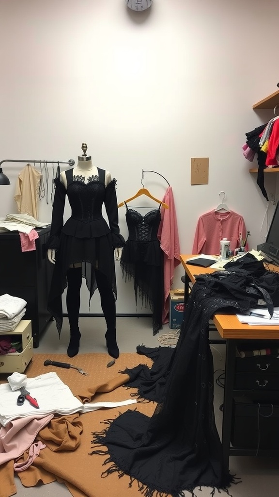 A creative workspace with a black gothic dress on a mannequin, surrounded by various fabrics and sewing tools.