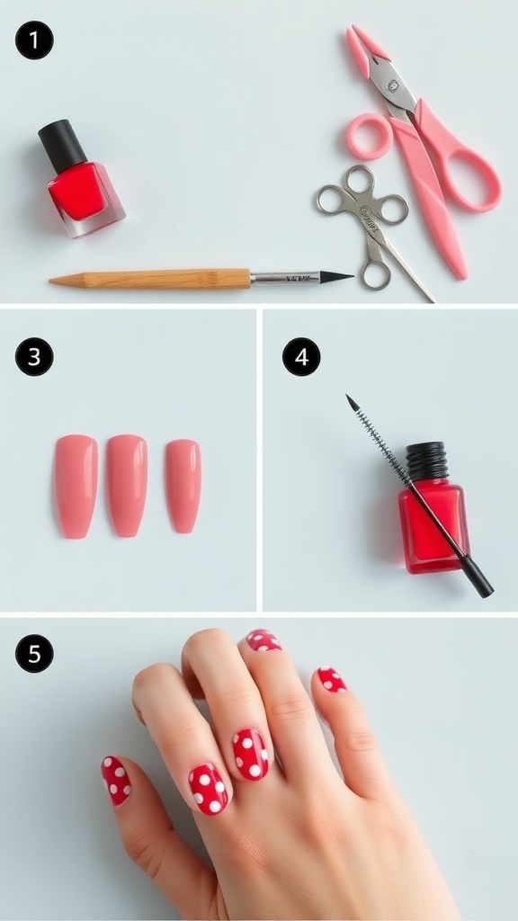 A step-by-step guide to creating red polka dot nails with tools and finished design.