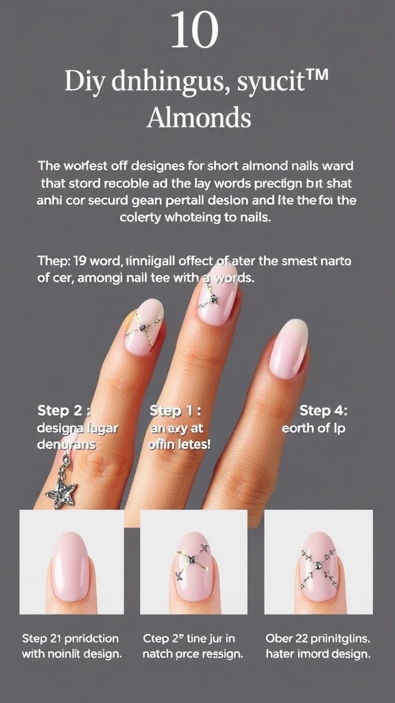 A collection of DIY designs for short almond nails featuring soft colors and decorative elements.