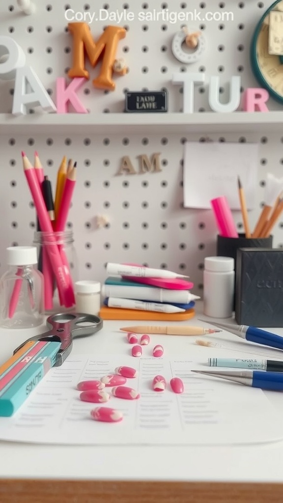 A creative workspace with colorful tools and fake short almond nails ready for a design.