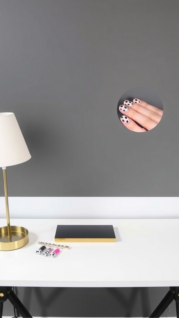 Black polka dot nails on a hand against a gray background