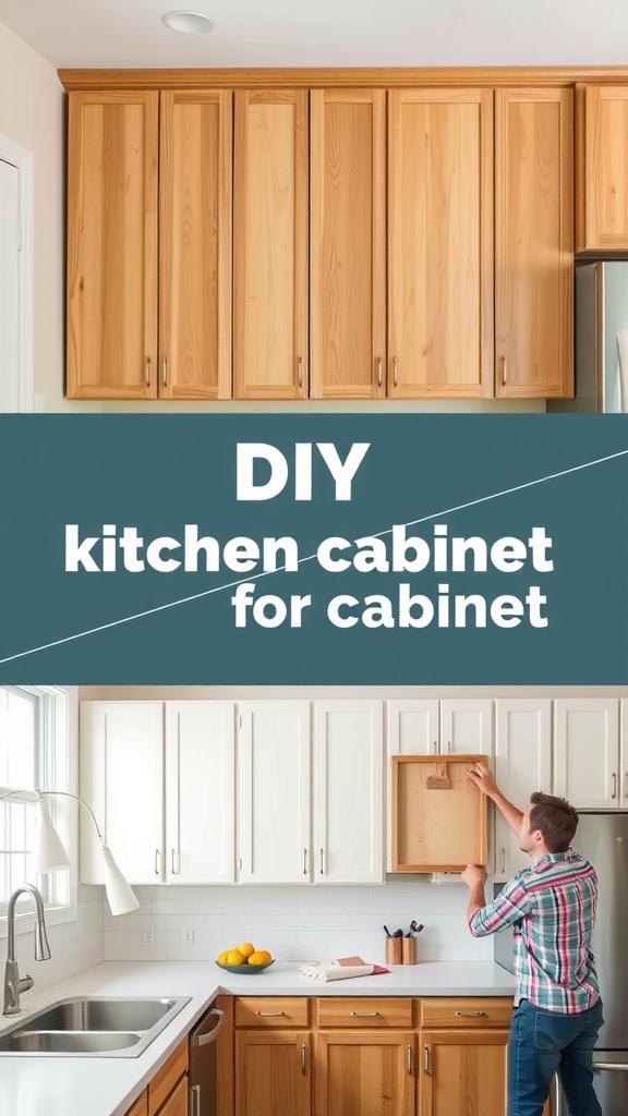 A person installing kitchen cabinets, showcasing a DIY approach with wooden cabinets.