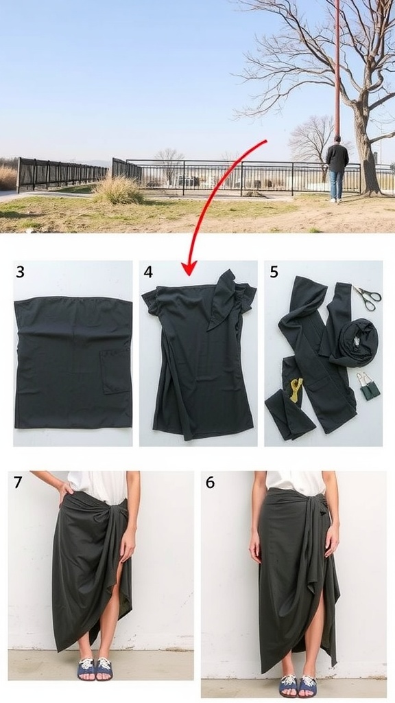 Step by step images of creating a DIY wrap skirt from a piece of fabric.