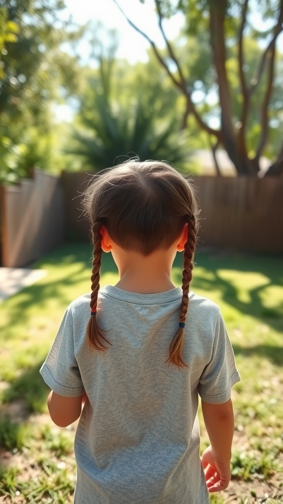 A young boy outdoors with two braided ponytails, showcasing a playful hairstyle.