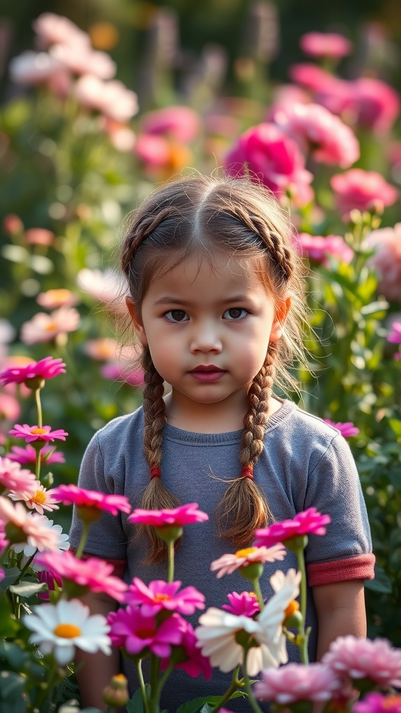 A young girl with double braids standing amidst colorful flowers