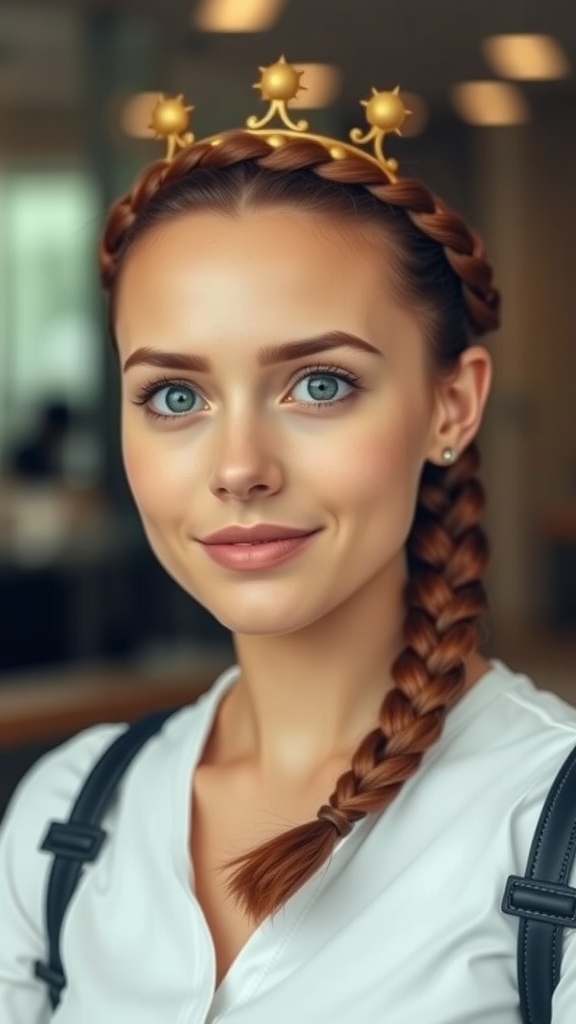 A woman with double braided crown hairstyle and a golden crown, smiling in a work environment.