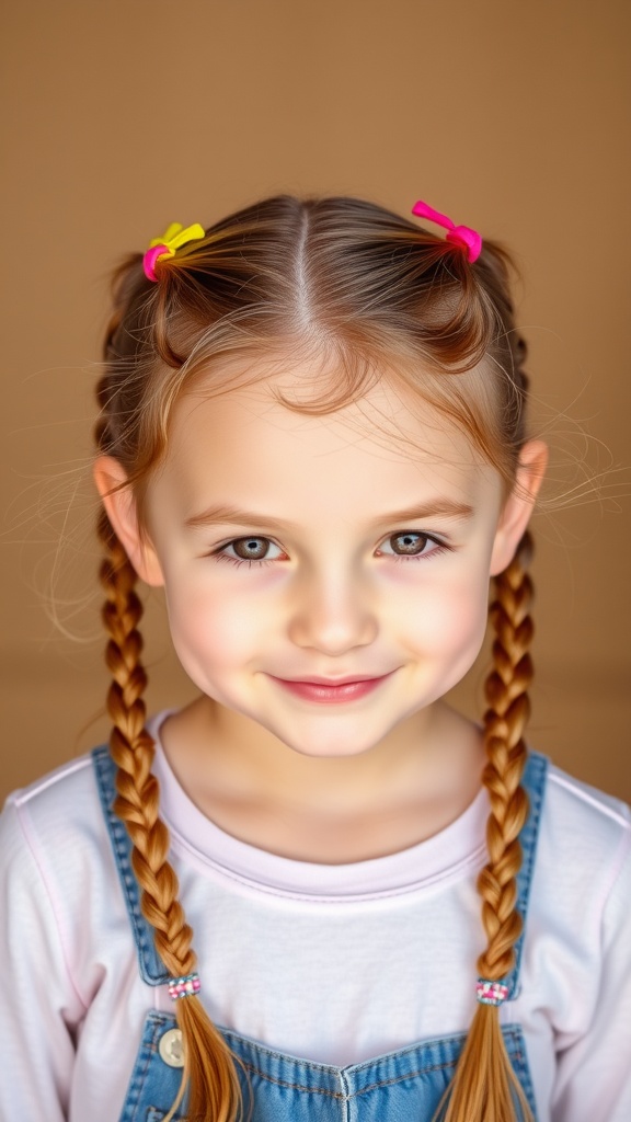 A young girl smiling with double braided pigtails, featuring colorful hair ties.