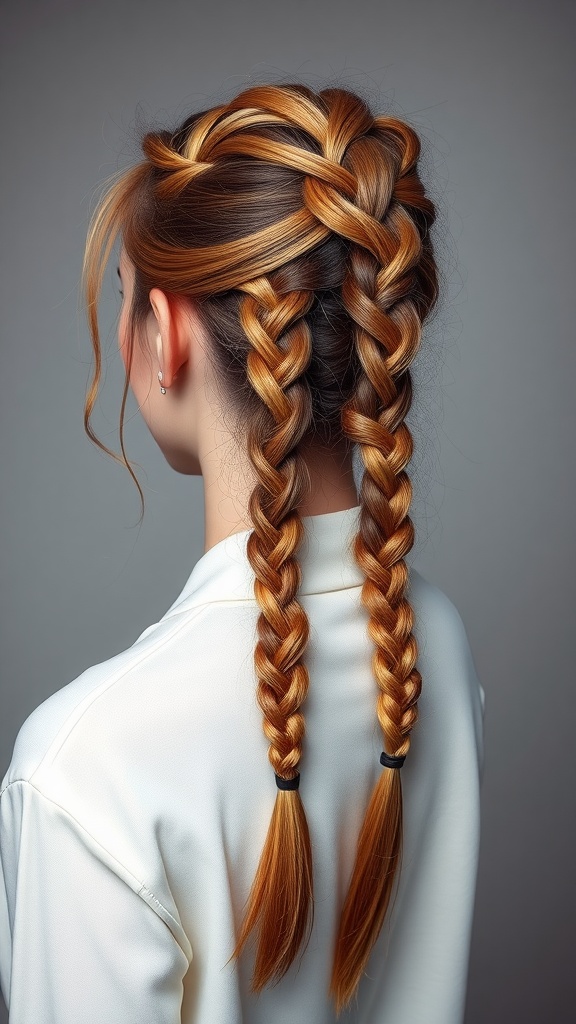 A stylish hairstyle featuring double braids that lead into a ponytail.