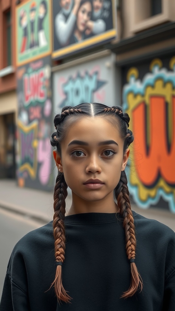 Young person with double braids in front of colorful street art