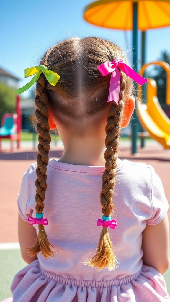 A young girl with double braids tied with colorful ribbons in a playground setting.