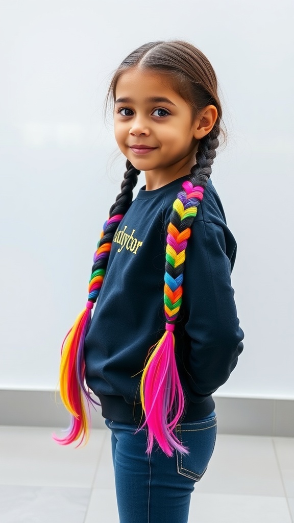 A young girl with double Dutch braids adorned with colorful extensions, wearing a navy blue sweatshirt and jeans.