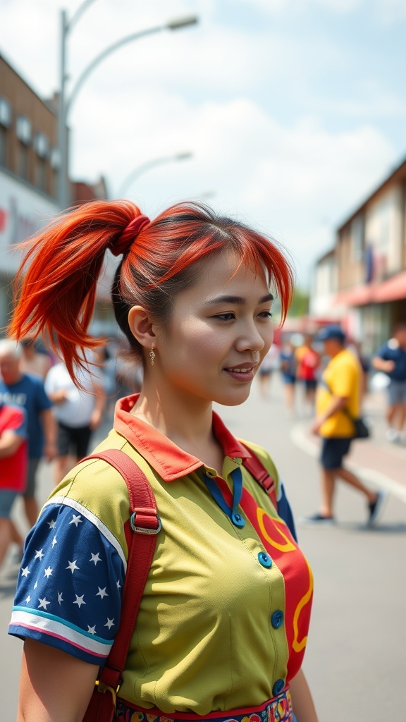 A young woman with double high red ponytails, wearing a colorful outfit in a lively outdoor setting.