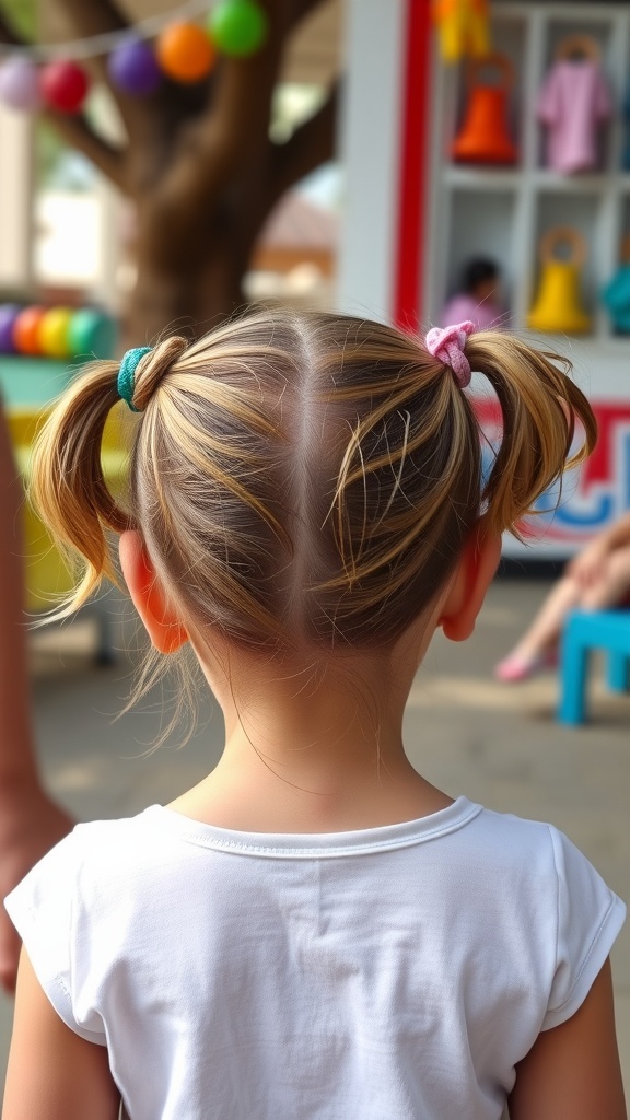 A young girl with double ponytails tied with colorful hair ties, seen from behind.