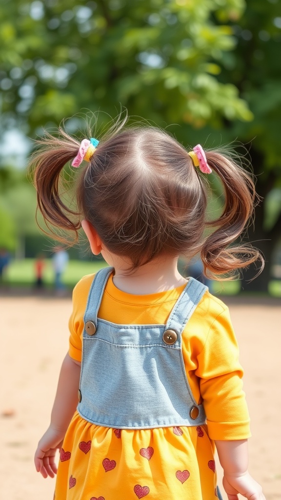 A toddler with double ponytails secured with colorful clips, wearing a bright yellow dress with heart patterns.