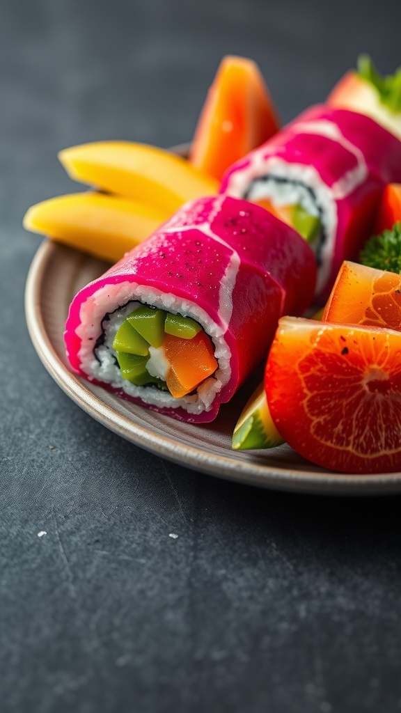 Colorful dragon fruit sushi rolls with vegetables on a plate.