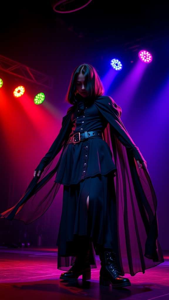 A model wearing a dramatic black cape and stylish goth attire under colorful stage lights.