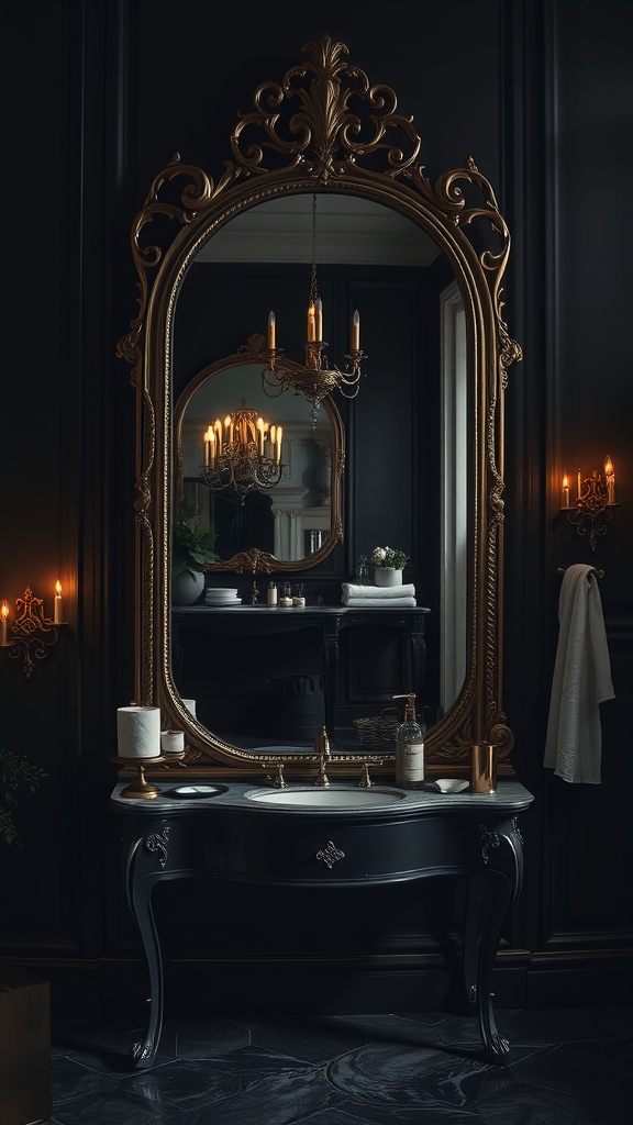 A dramatic, ornate gold-framed mirror in a dark bathroom, reflecting warm candlelight.