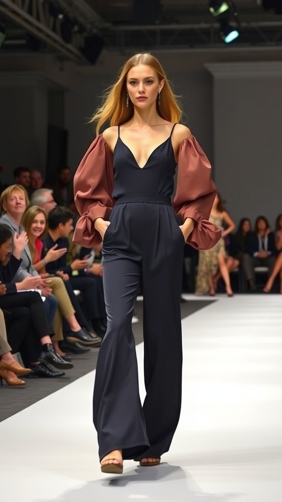 A model walks down the runway wearing a black jumpsuit with dramatic brown sleeves.